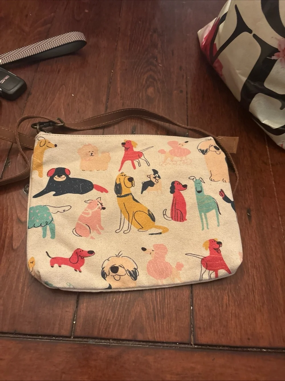 Small Canvas Dog Print Crossbody Bag with Brown Strap